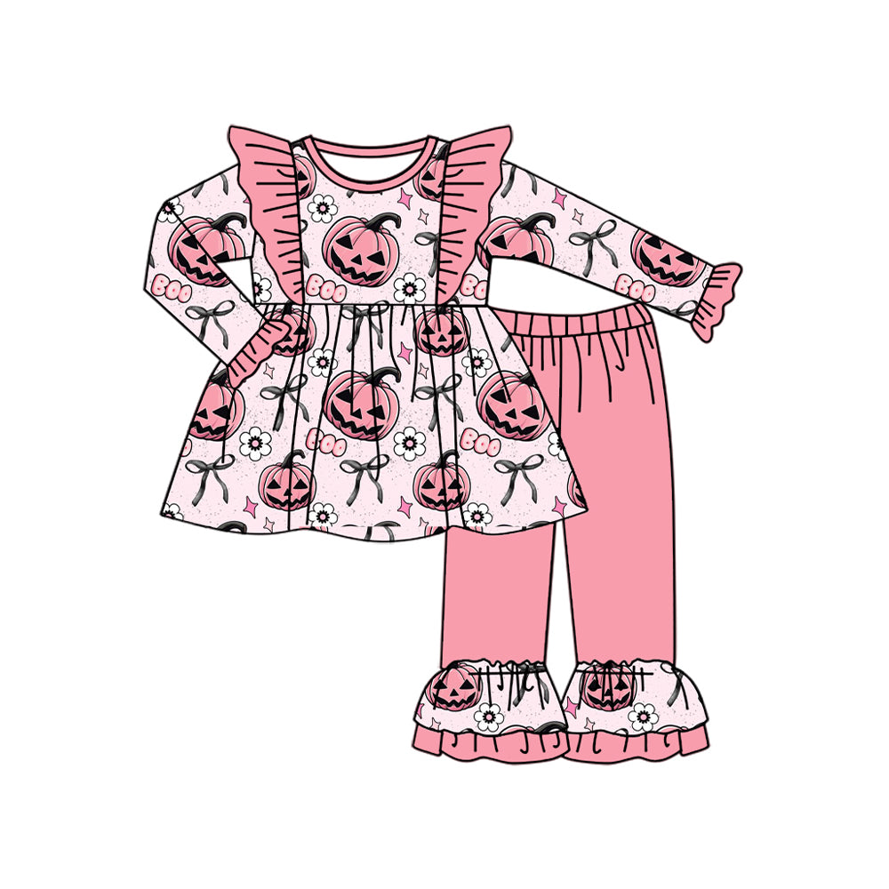 (Pre-order)GLP2434 Pumpkin Flowers Bows Tunic Top Pink Pants Girls Halloween Clothes Set