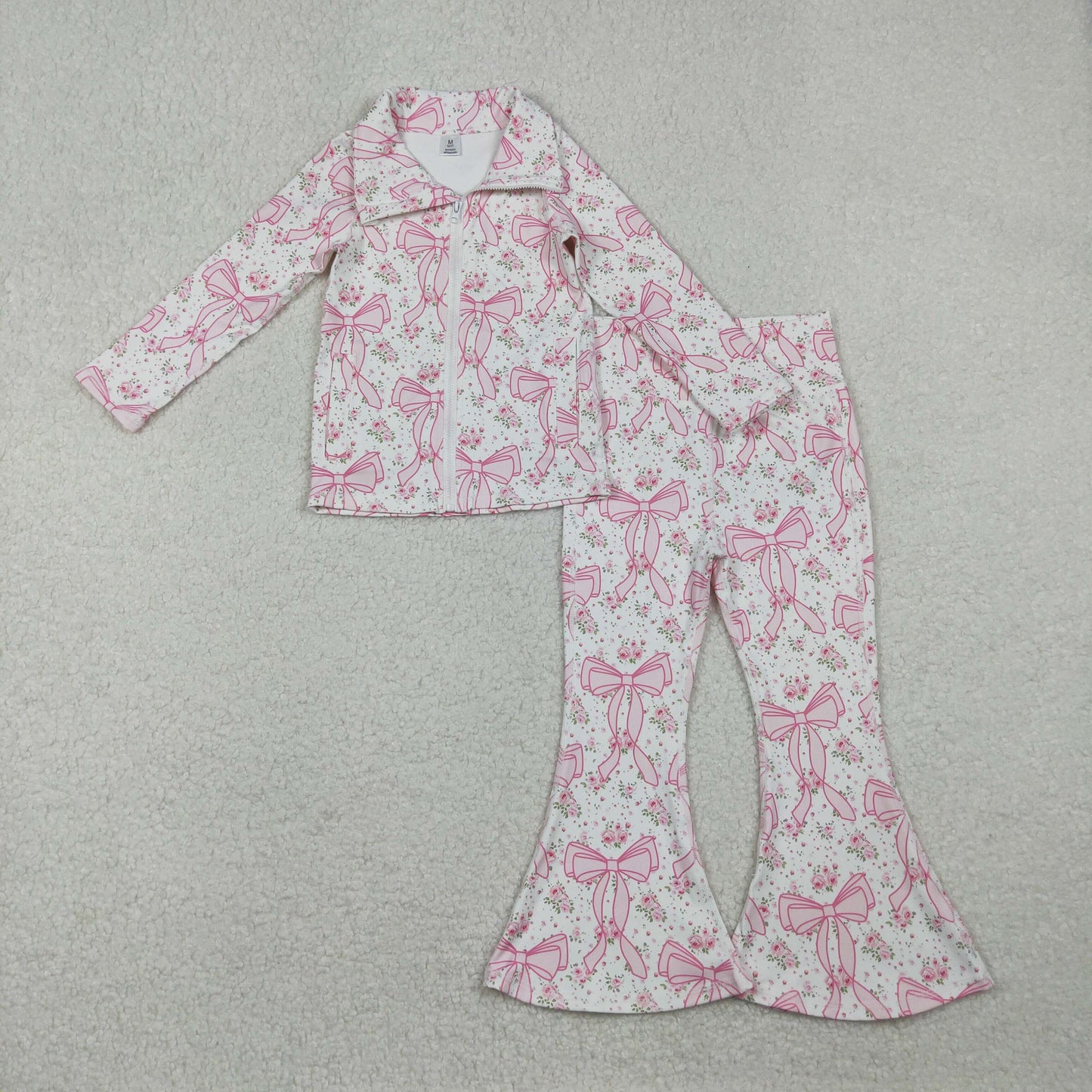 GLP2440 Pink Flowers Bows Zipper Top Bell Pants Girls Yoga Clothes Set