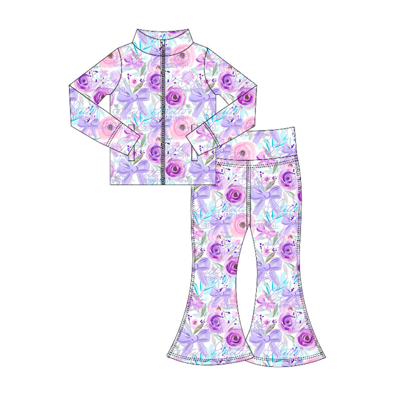 (Pre-order)GLP2441 Purple Flowers Bows Zipper Top Bell Pants Girls Yoga Clothes Set