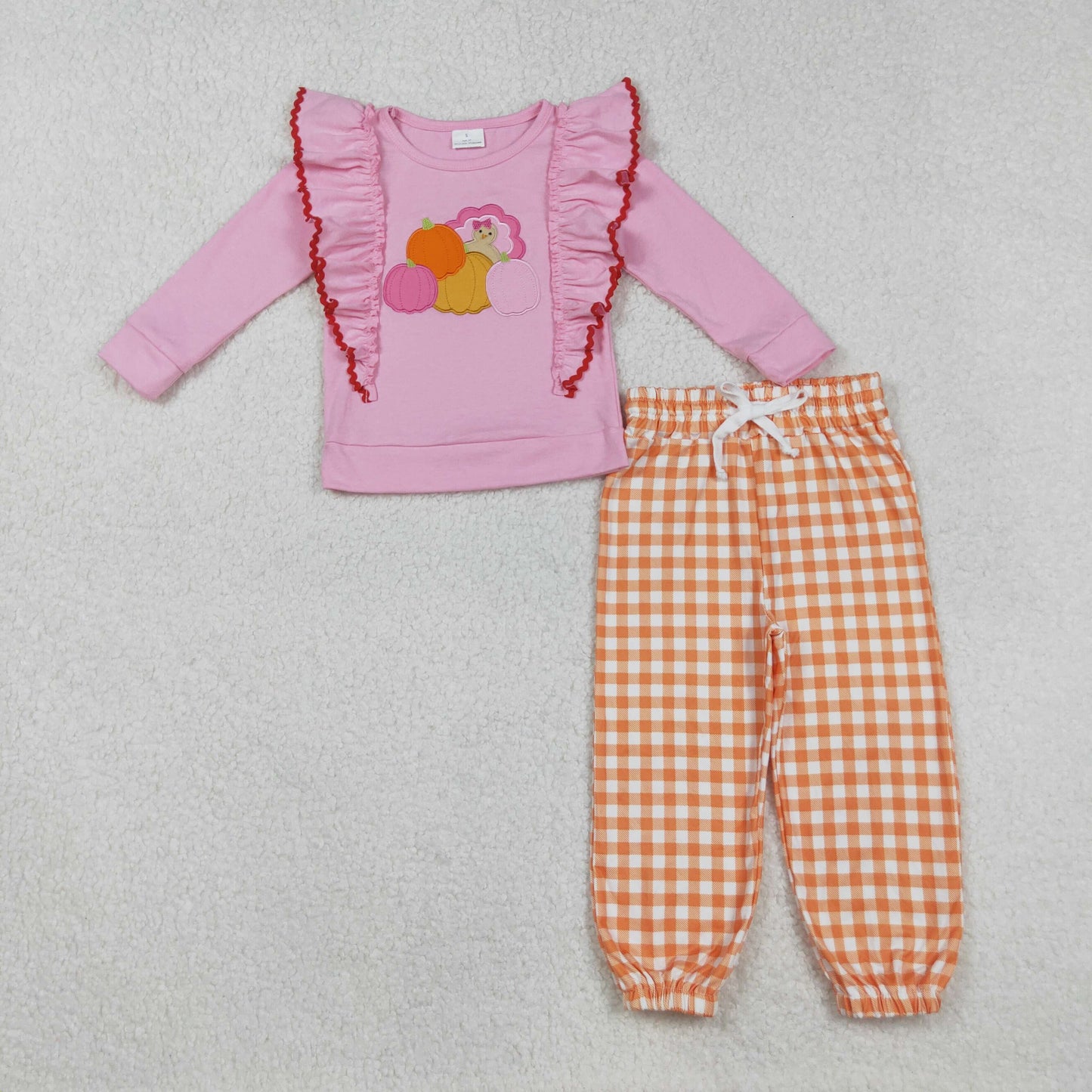 GLP2442 Pumpkin Embroidery Pink Top Orange Plaid Pants Girls Fall Clothes Set