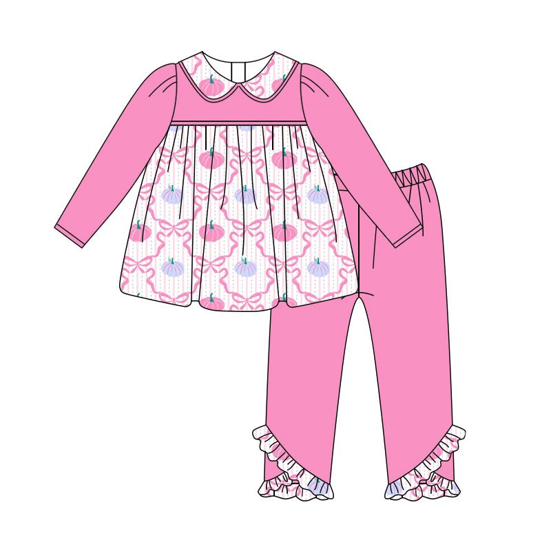 (Pre-order)GLP2453 Pumpkin Bows Tunic Top Pink Pants Girls Fall Clothes Set