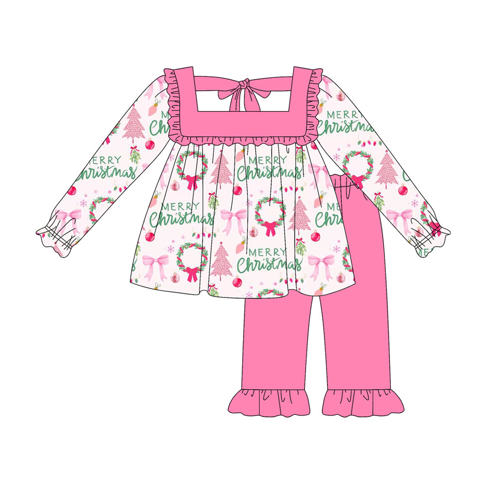 (Pre-order)GLP2454 Merry Christmas Holly Bows Tunic Top Pink Pants Girls Christmas Clothes Set