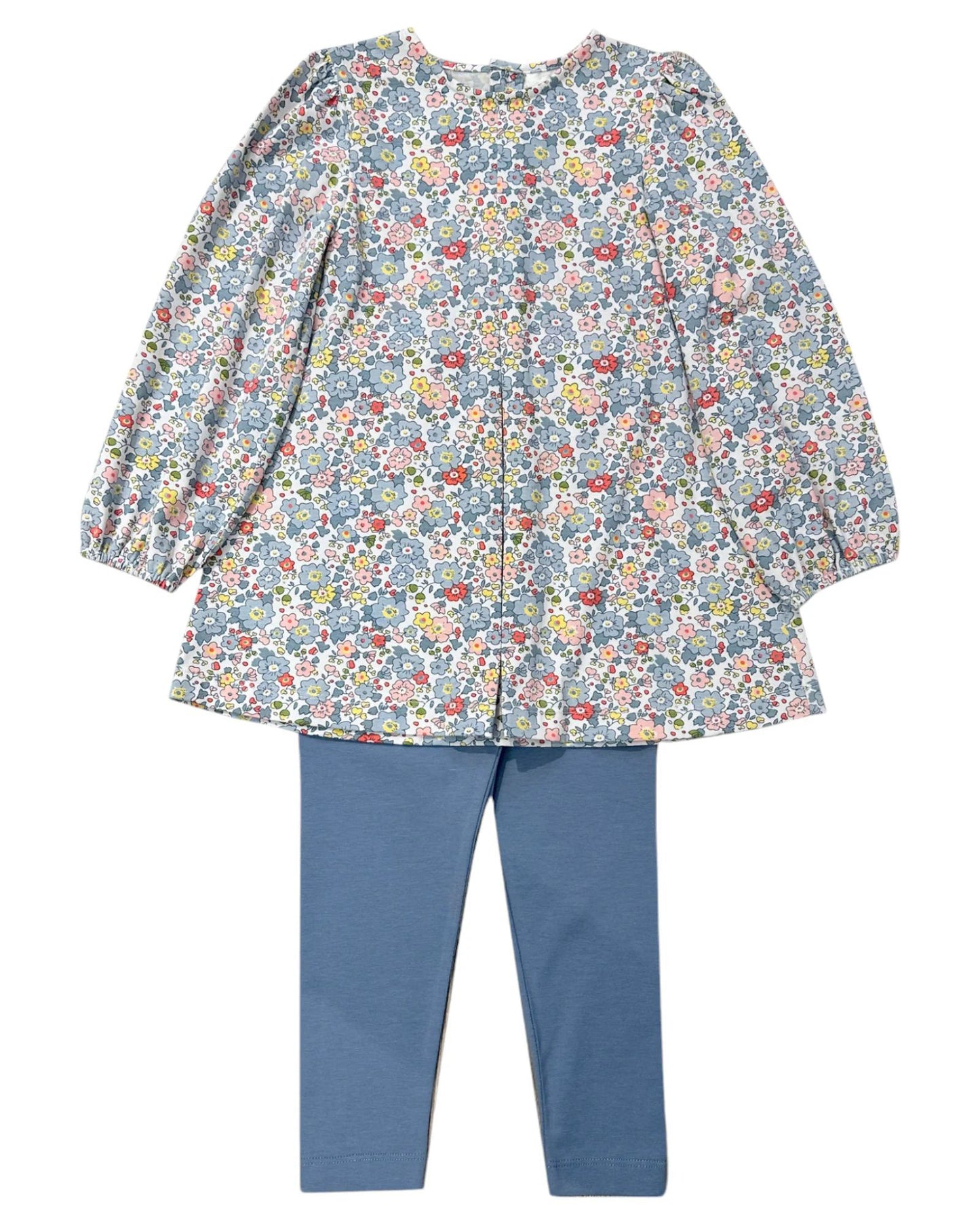 (Pre-order)GLP2463 Colorful Small Flowers Tunic Top Blue Legging Pants Girls Fall Clothes Set