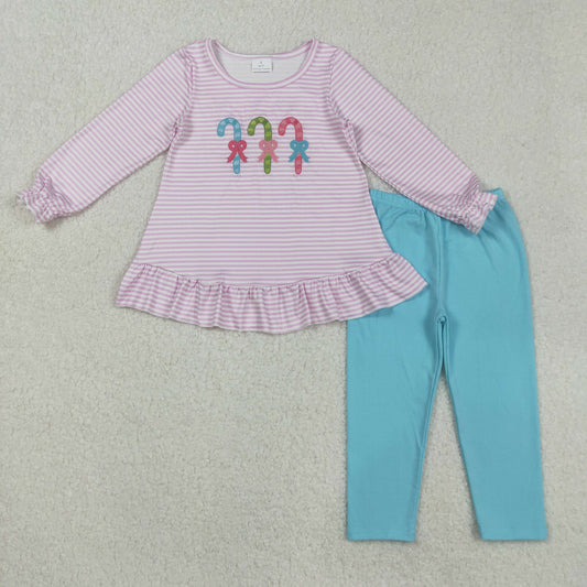 GLP2468 Candy Cane Embroidery Stripes Tunic Top Blue Pants Girls Christmas Clothes Set