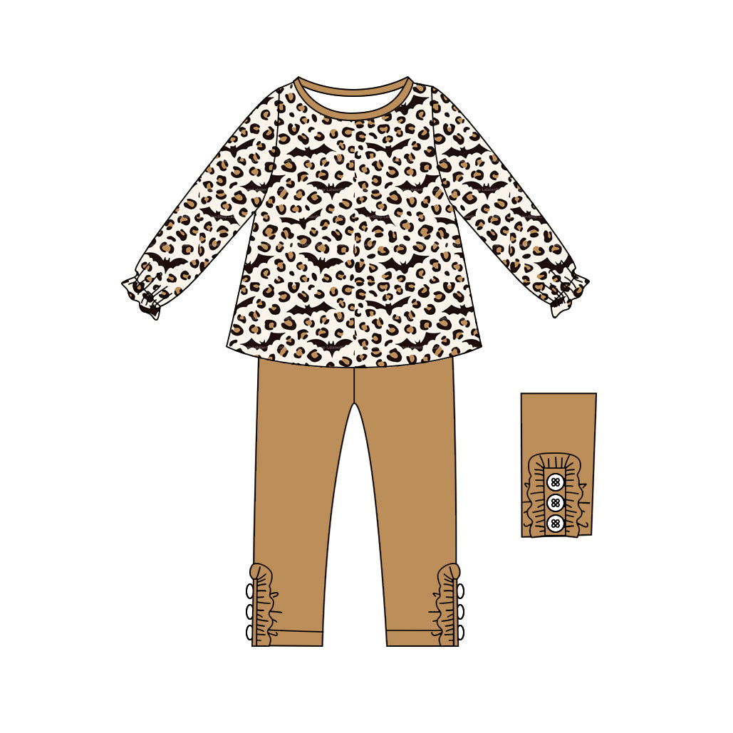 (Pre-order)GLP2472 Bat Leopard Tunic Top Brown Pants Girls Halloween Clothes Set