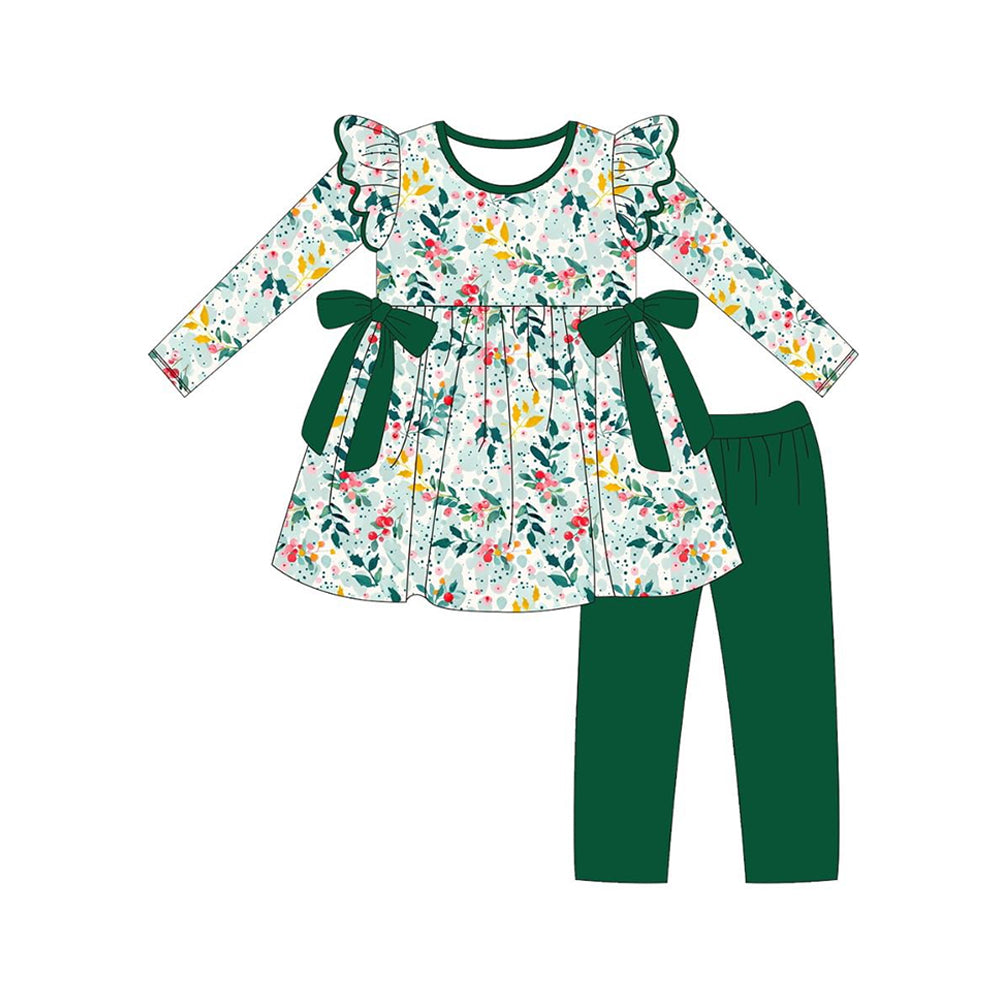 (Pre-order)GLP2476 Colorful Flowers Tunic Top Green Pants Girls Fall Clothes Set