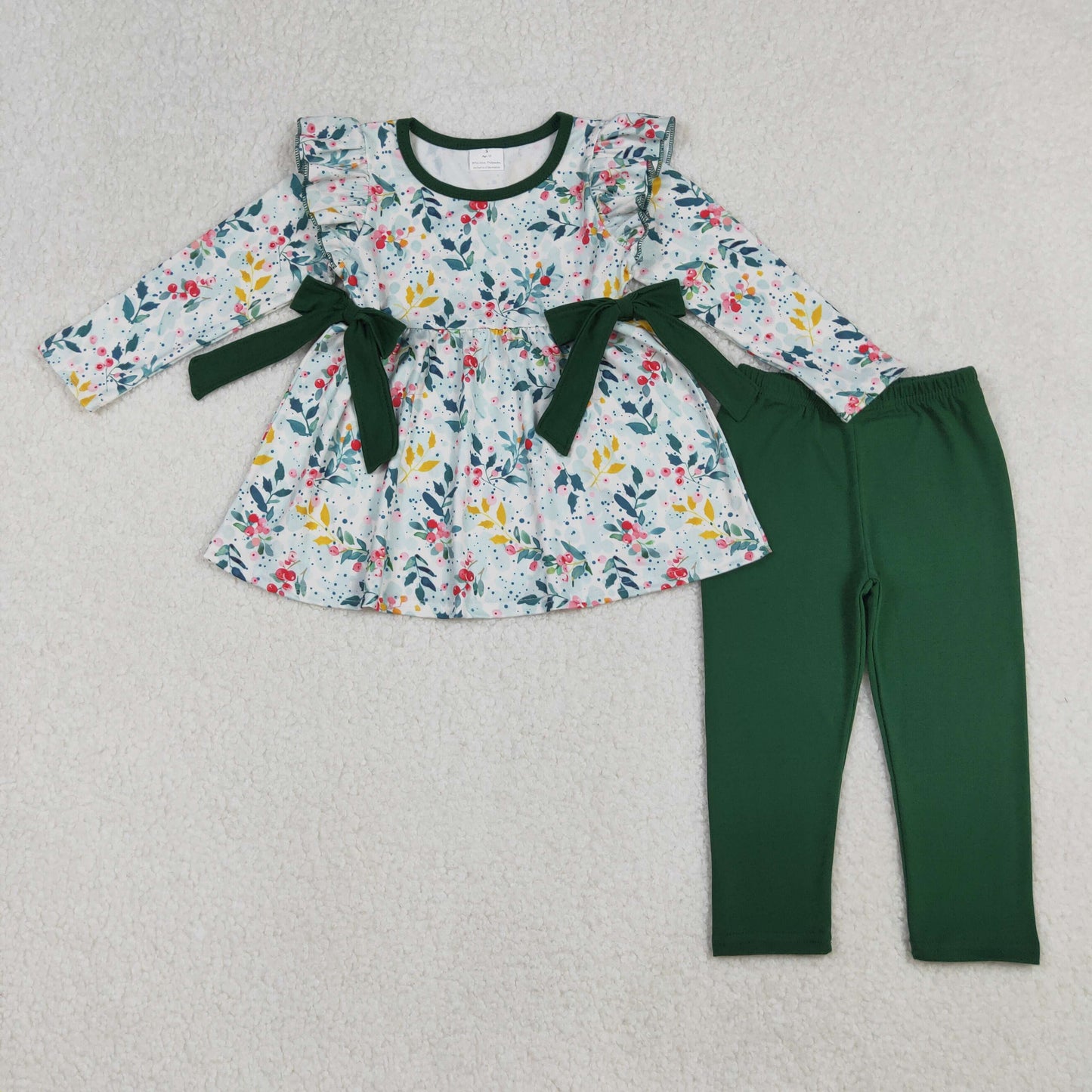 GLP2476 Flowers Holly Tunic Top Green Pants Girls Christmas Clothes Set