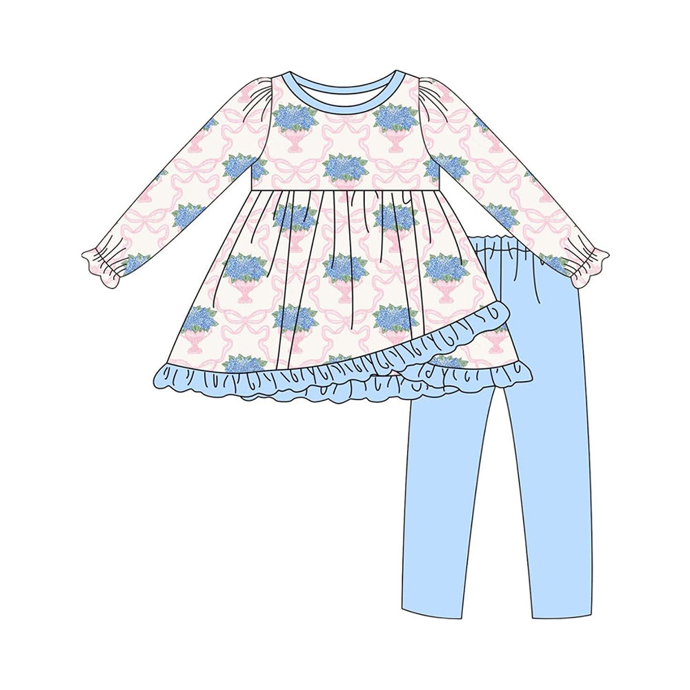 (Pre-order)GLP2477 Flowers Pink Bows Tunic Top Blue Pants Girls Fall Clothes Set