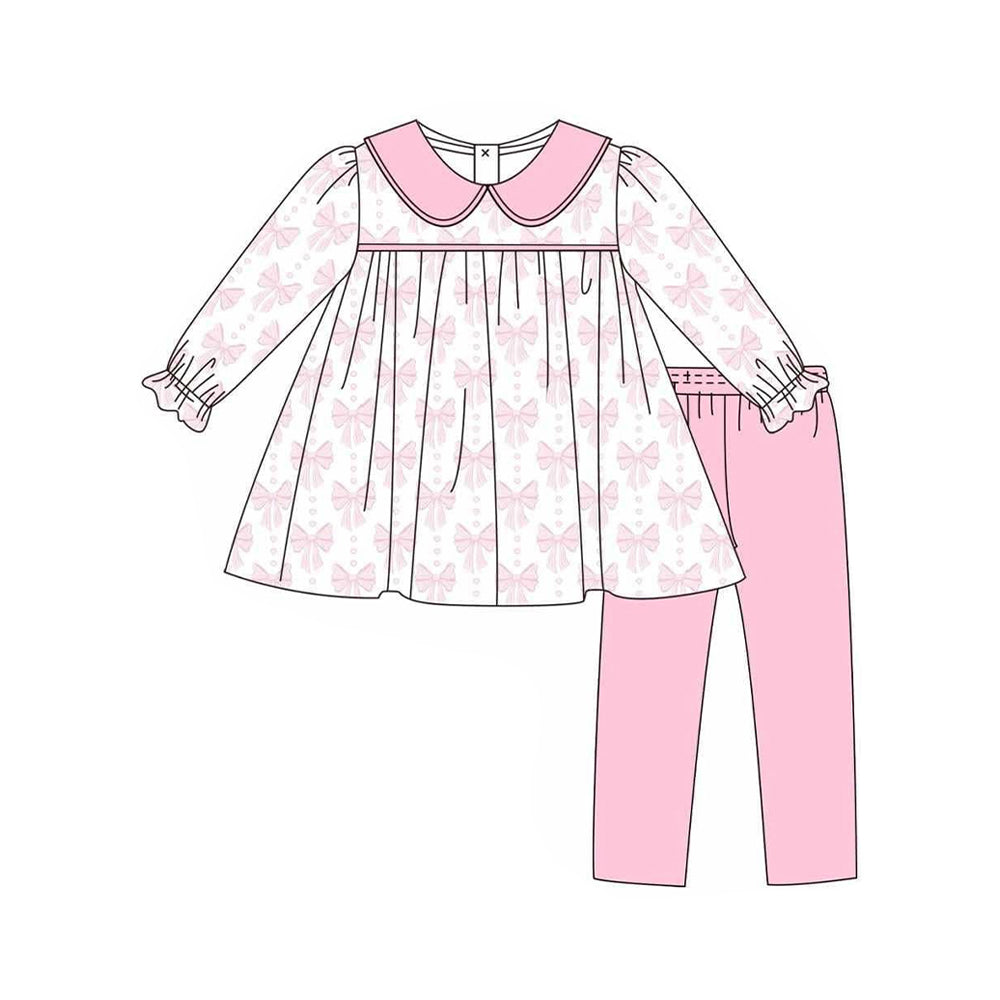 (Pre-order)GLP2480 Pink Bows Tunic Top Legging Pants Girls Fall Clothes Set