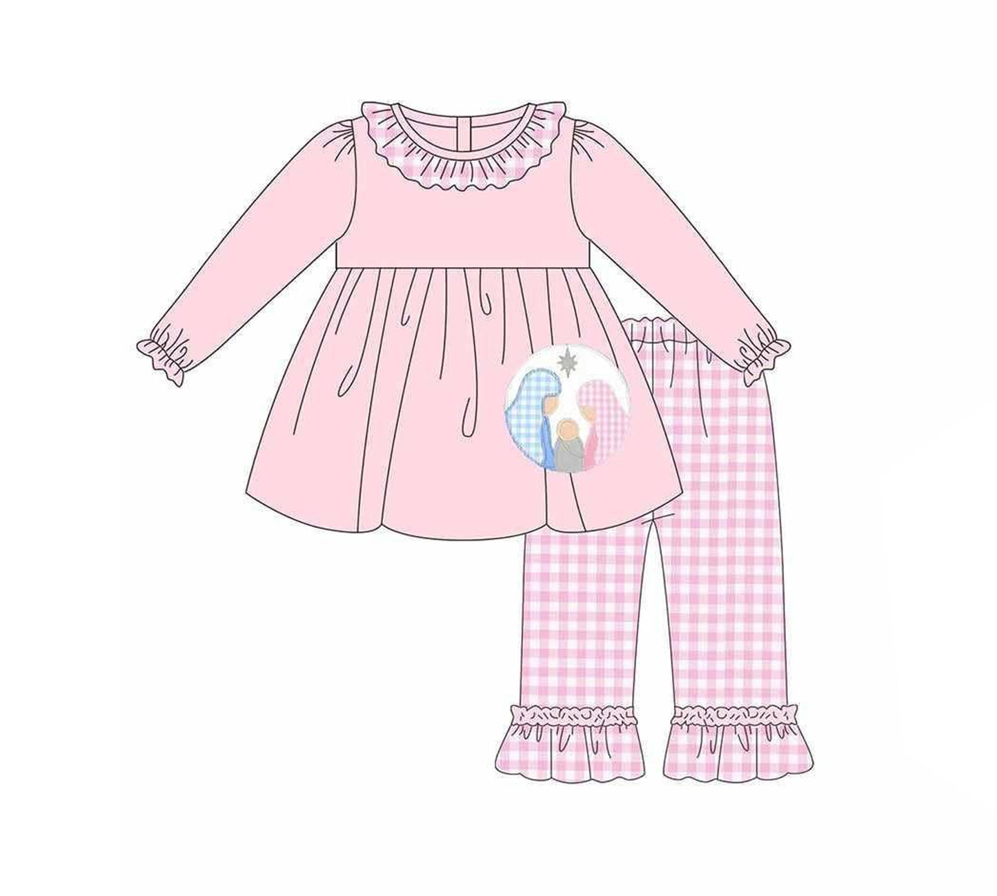 (Pre-order)GLP2487 Nativity Pink Tunic Top Plaid Pants Girls Christmas Clothes Set