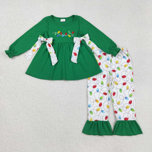 GLP2491 Colorful Lights Embroidery Green Tunic Top Ruffle Pants Girls Christmas Clothes Set