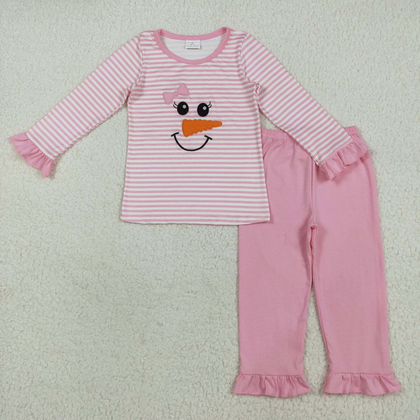 GLP2520 Snowman Stripes Top Pink Pants Girls Christmas Pajamas Clothes Set