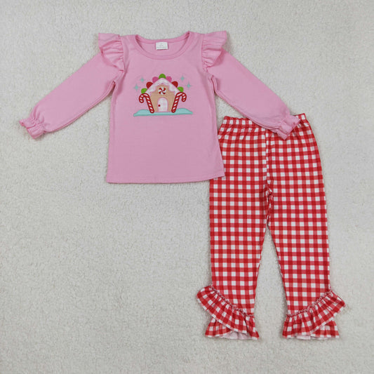 GLP2523 Candy House Embroidery Pink Top Plaid Pants Girls Christmas Clothes Set