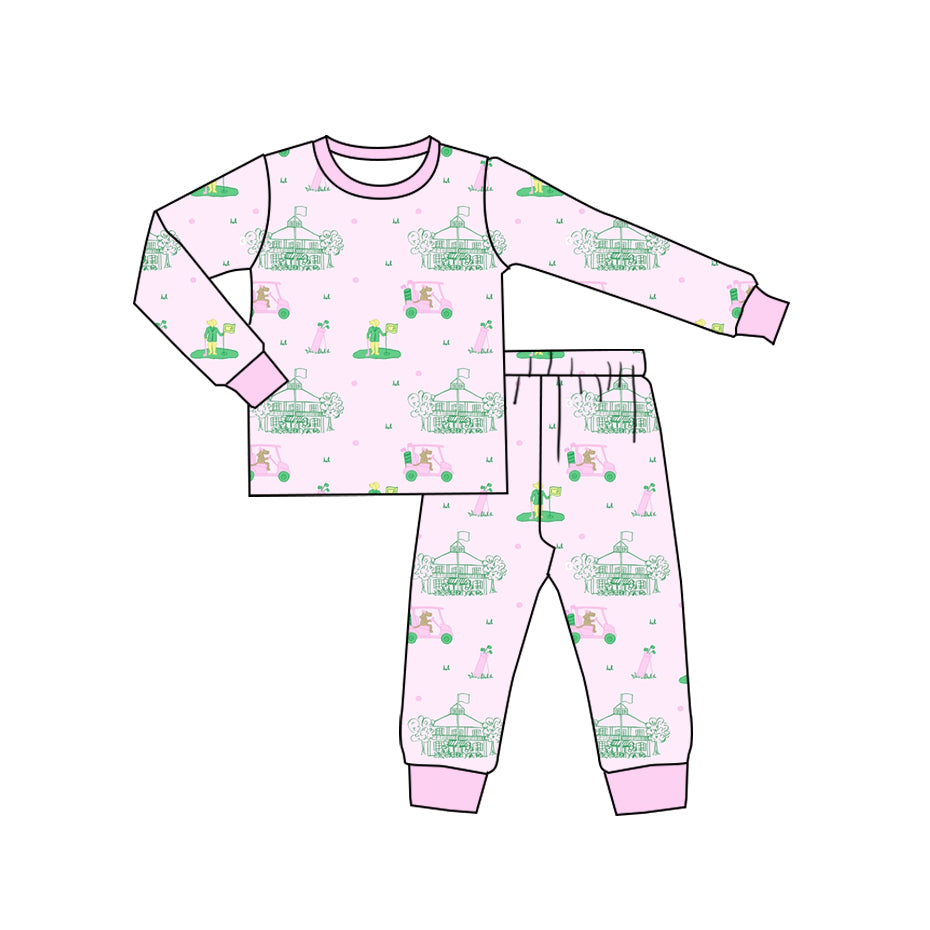 (Pre-order)GLP2524 Golf Pink Print Girls Fall Pajamas Clothes Set