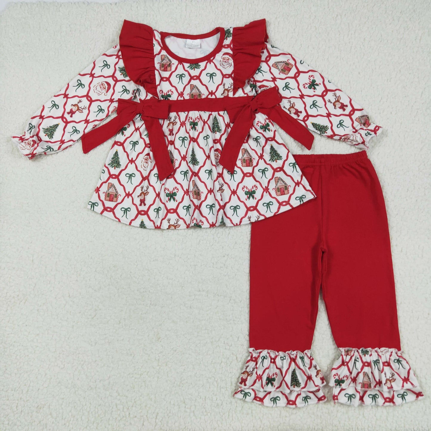 Santa Candy Cane Bows Print Girls Christmas Clothes Sisters Matching Wear