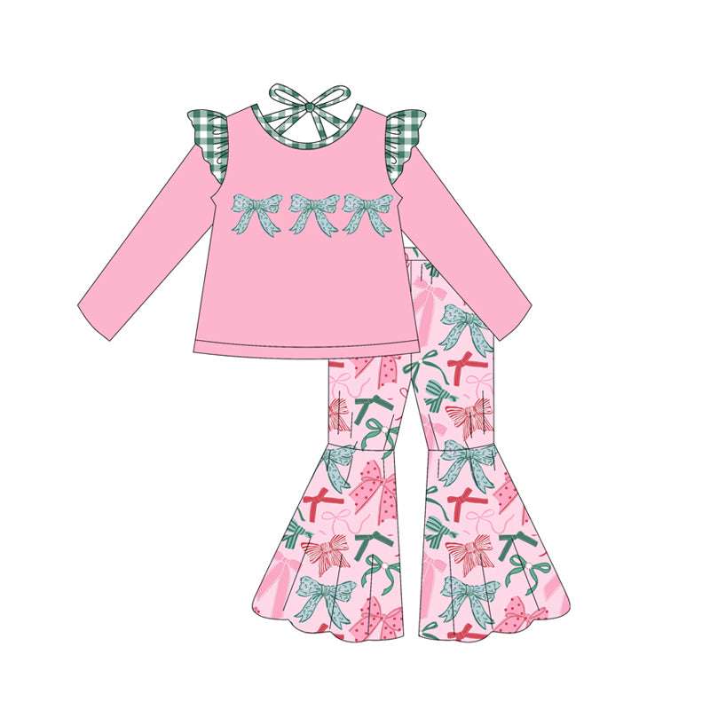(Pre-order)GLP2531 Red Green Pink Bows Top Bell Pants Girls Christmas Clothes Set