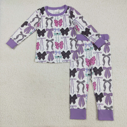 GLP2533 Cat Purple Bows Print Girls Halloween Pajamas Clothes Set