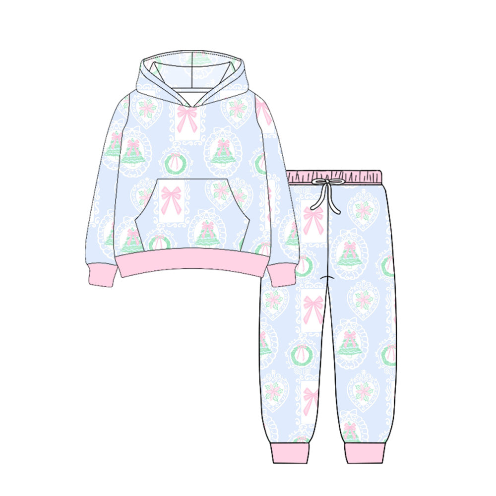 (Pre-order)GLP2544 Tree Holly Bows Hoodie Top Pockets Pants Girls Christmas Clothes Set