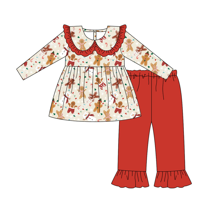 (Pre-order)GLP2548 Gingerbread Tunic Top Red Pants Girls Christmas Clothes Set