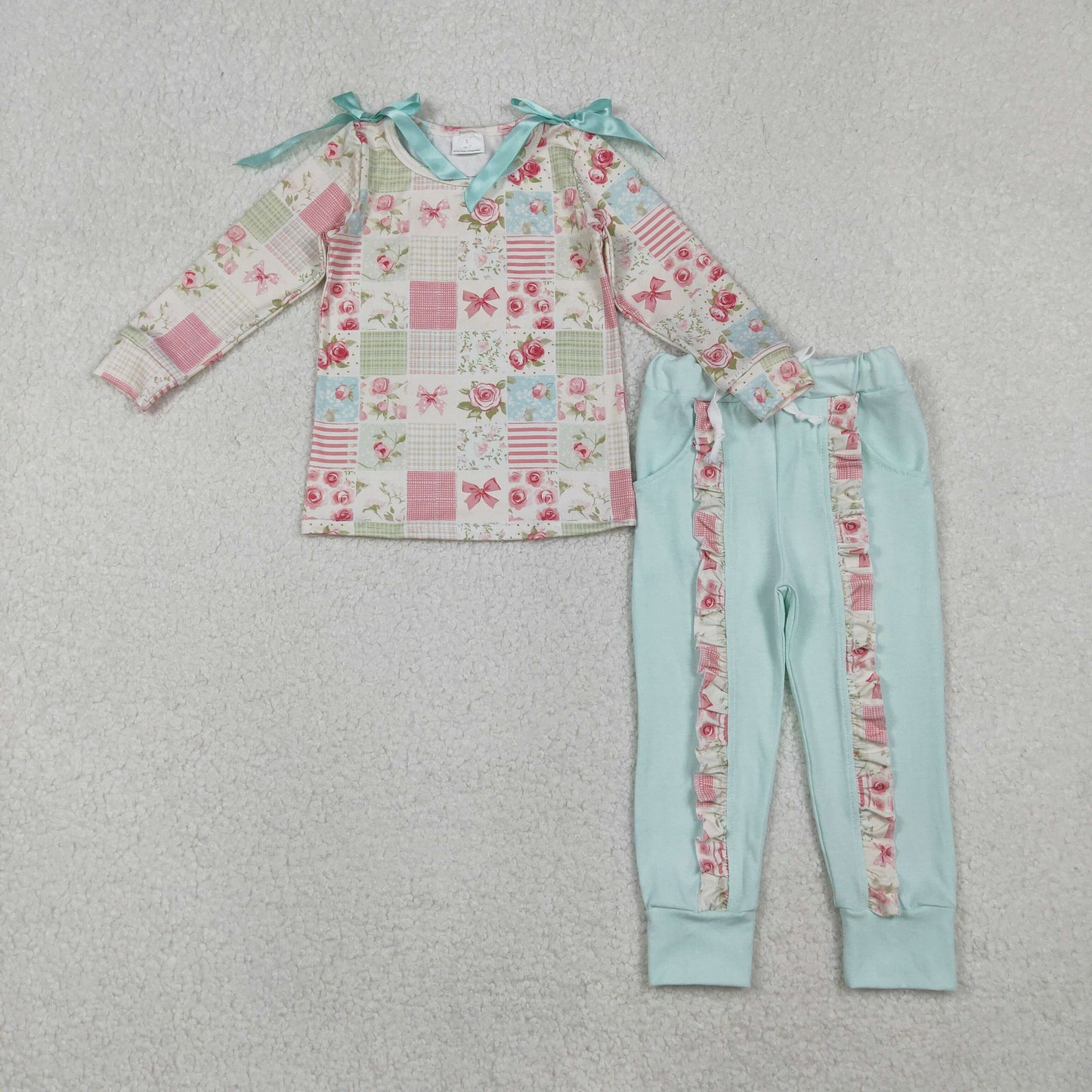 GLP2551 Flowers Bows Plaid Top Ruffle Pockets Pants Girls Spring Clothes Set