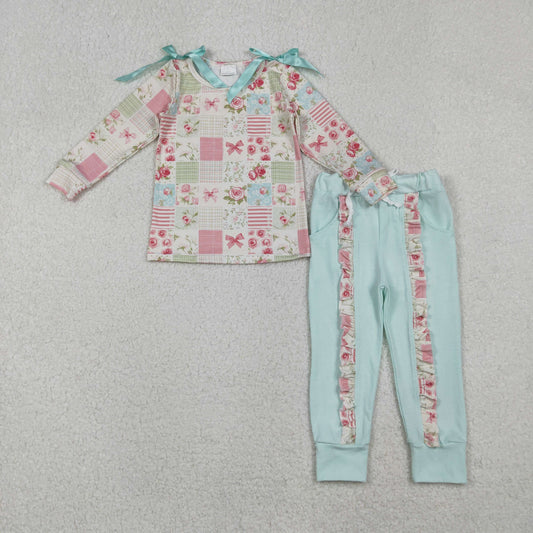 GLP2551 Flowers Bows Plaid Top Ruffle Pockets Pants Girls Spring Clothes Set