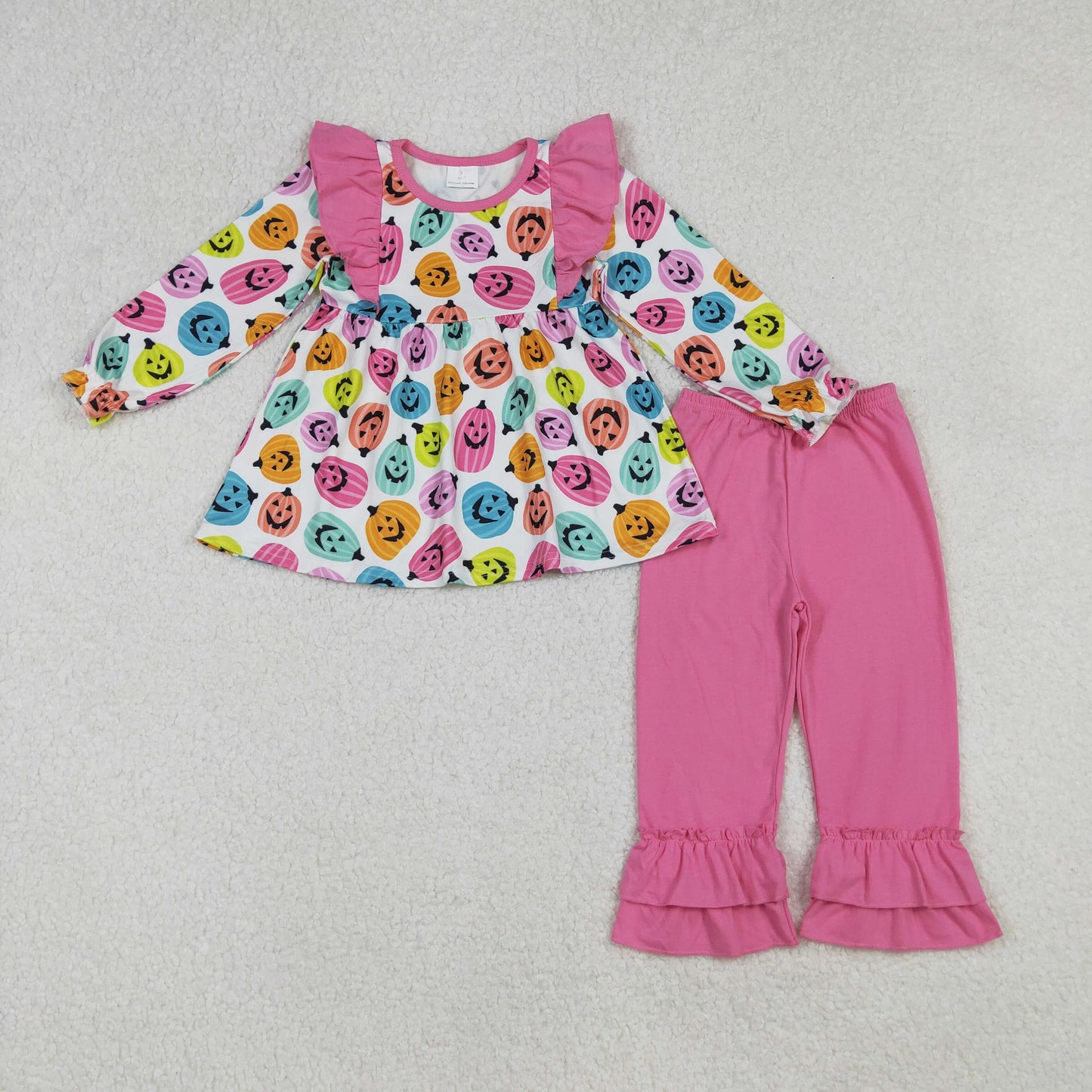 GLP2569 Colorful Pumpkin Tunic Top Ruffle Pants Girls Halloween Clothes Set