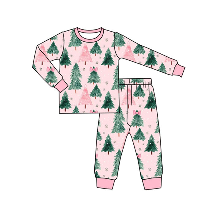 (Pre-order)GLP2578 Pumpkin Flowers Bows Print Girls Christmas Pajamas Clothes Set