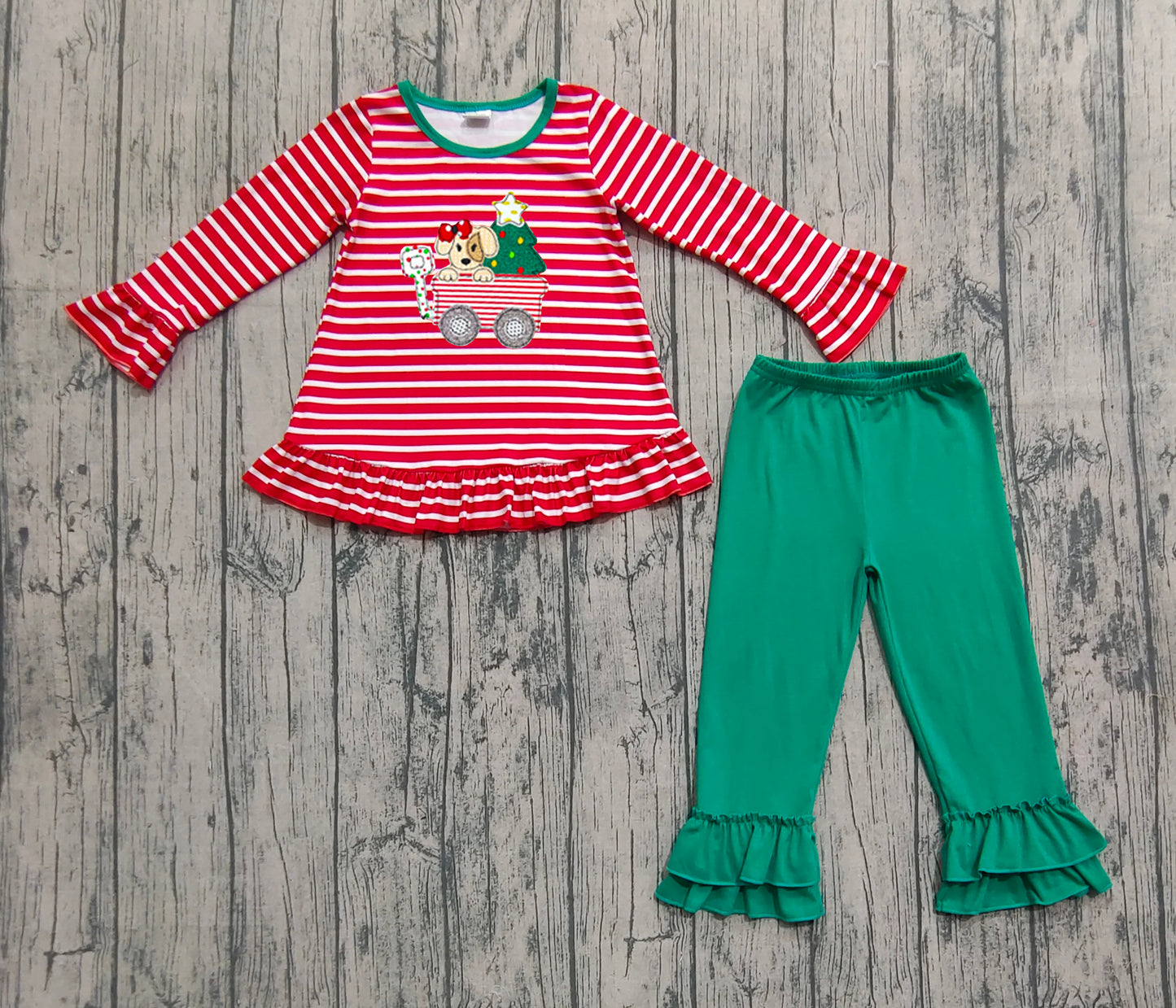 (Pre-order)GLP2580 Dog Tree Stripes Tunic Top Green Pants Girls Christmas Clothes Set