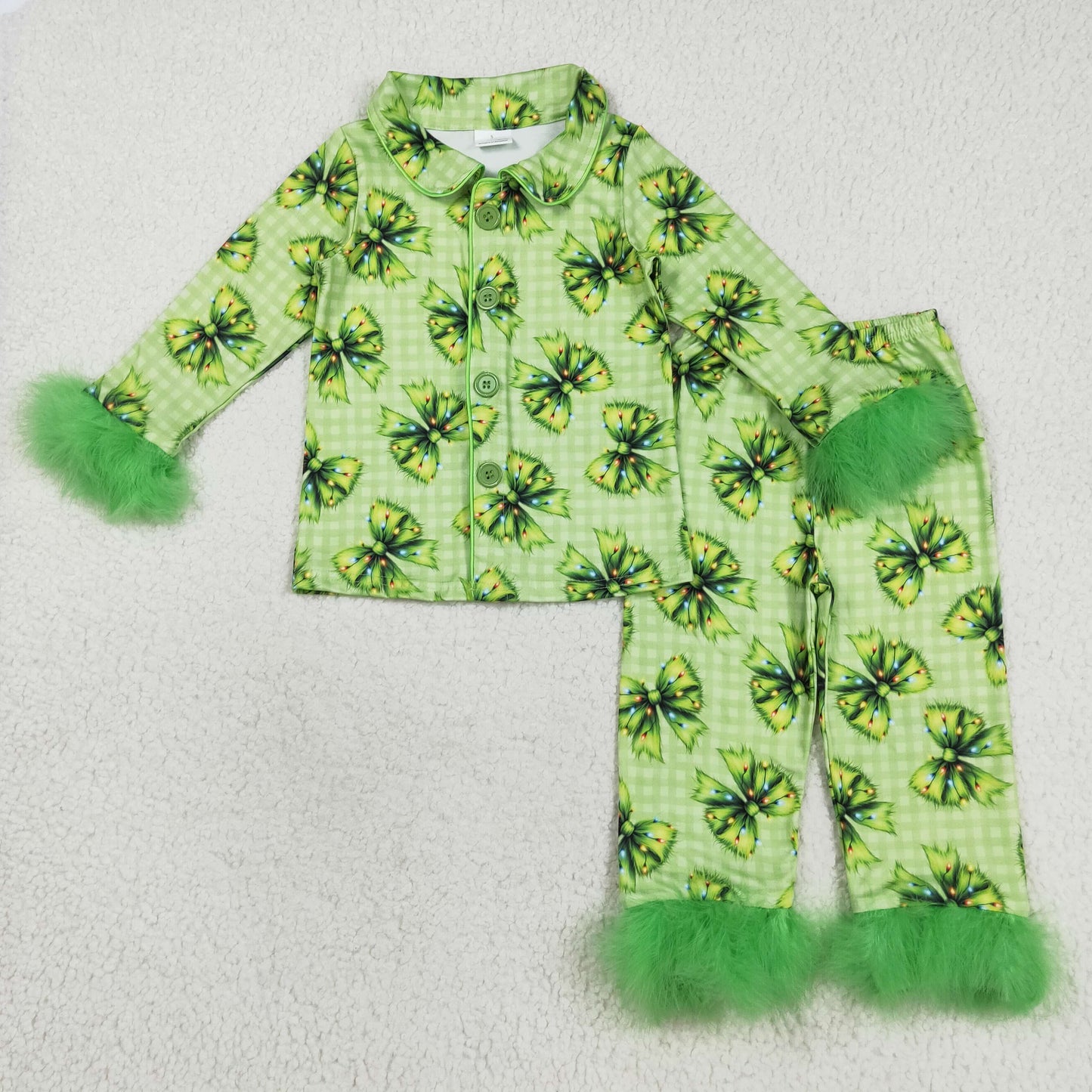 GLP2581 Green Bows Plaid Print Girls Christmas Buttons Fur Pajamas Clothes Set