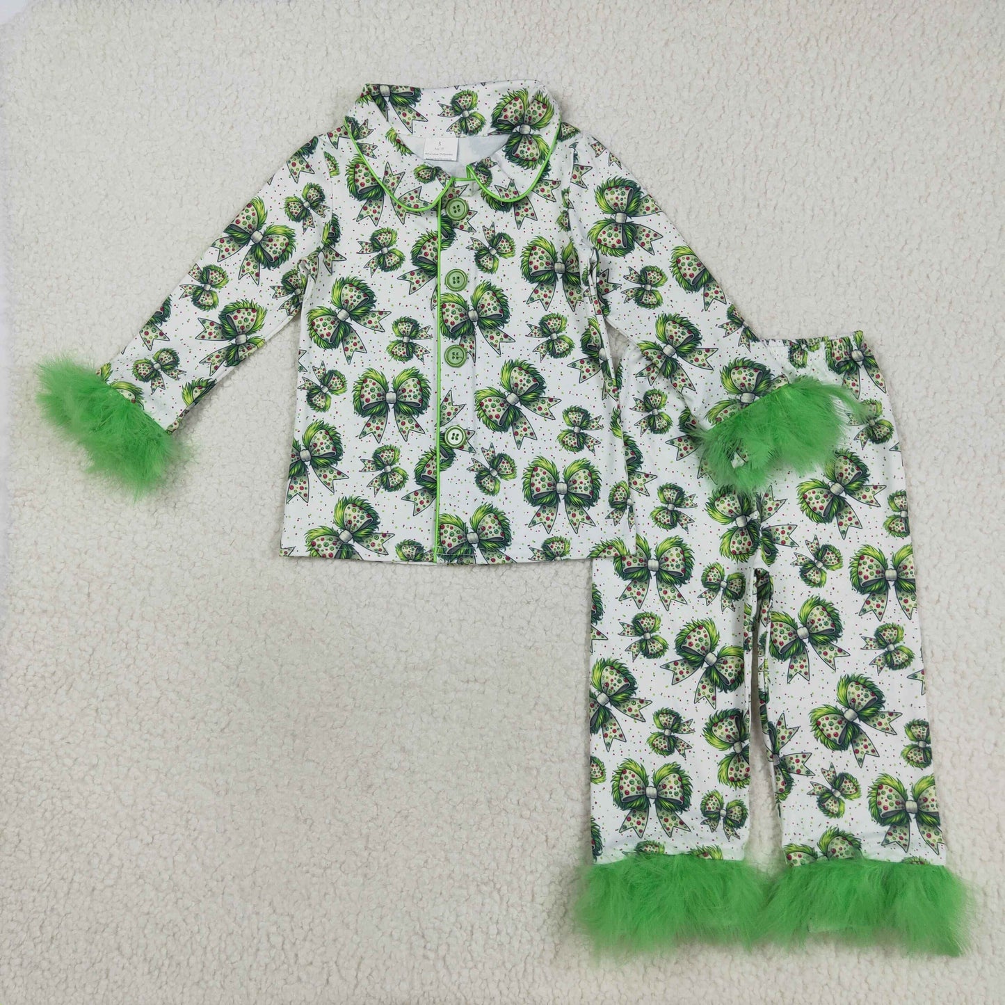 GLP2582 Green Frog Bows Print Girls Christmas Buttons Fur Pajamas Clothes Set