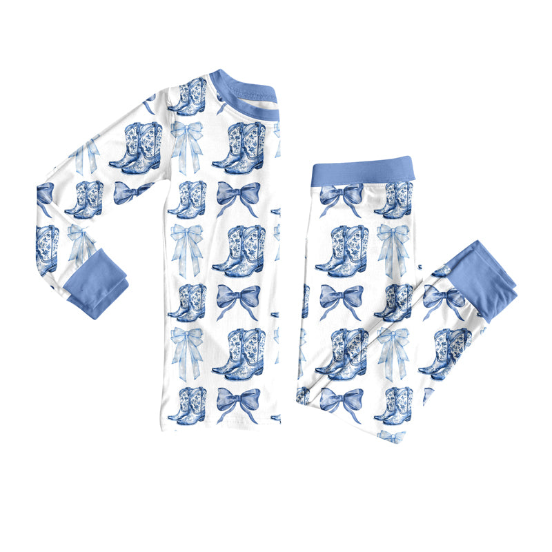 (Pre-order)GLP2583 Bows Boots Blue Print Girls Western Pajamas Clothes Set