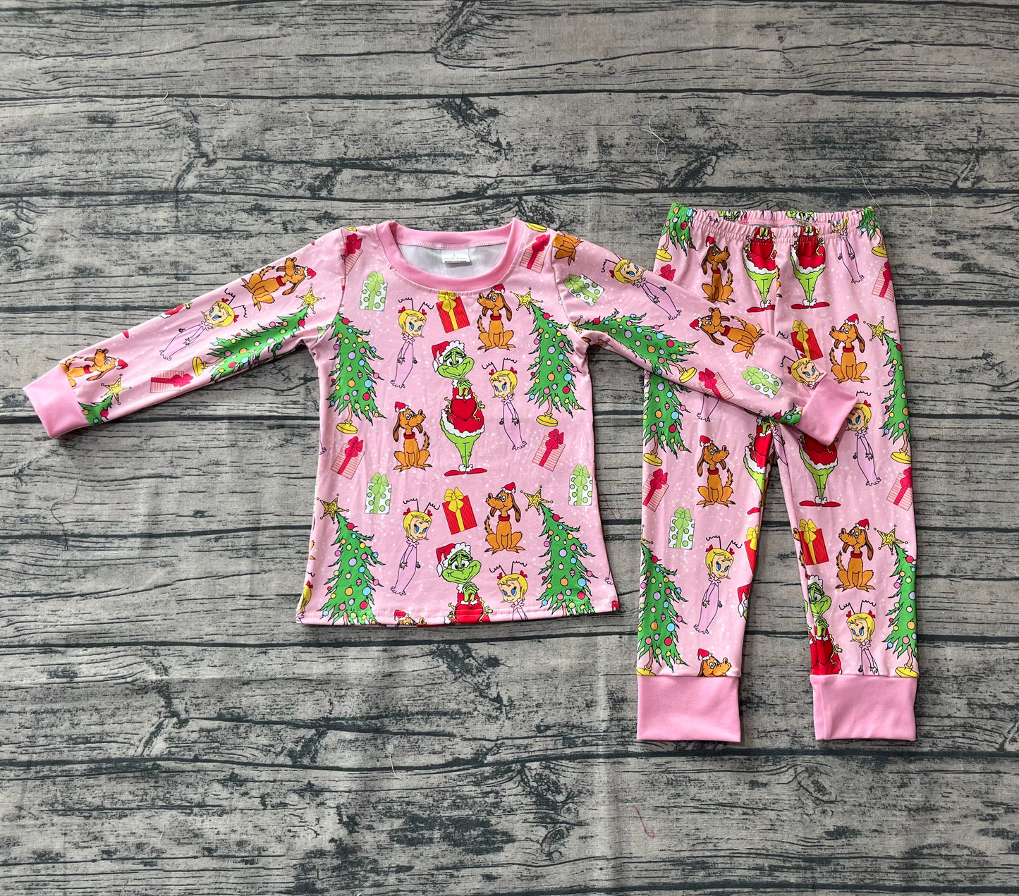 (Custom Design Preorder MOQ 20) Green Frog Pink Print Girls Christmas Bamboo Pajamas Clothes Set