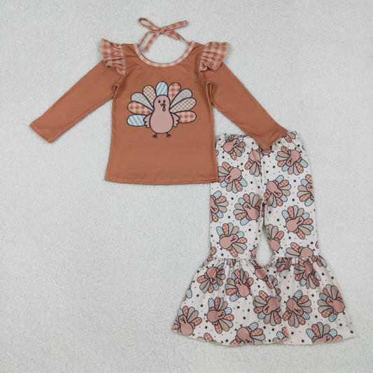 GLP2605 Turkey Brown Top Bell Pants Girls Thanksgiving Clothes Set
