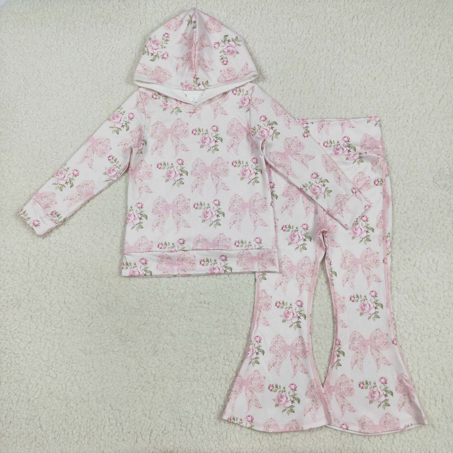 GLP2614 Flowers Pink Bows Hoodie Top Bell Pants Girls Clothes Set