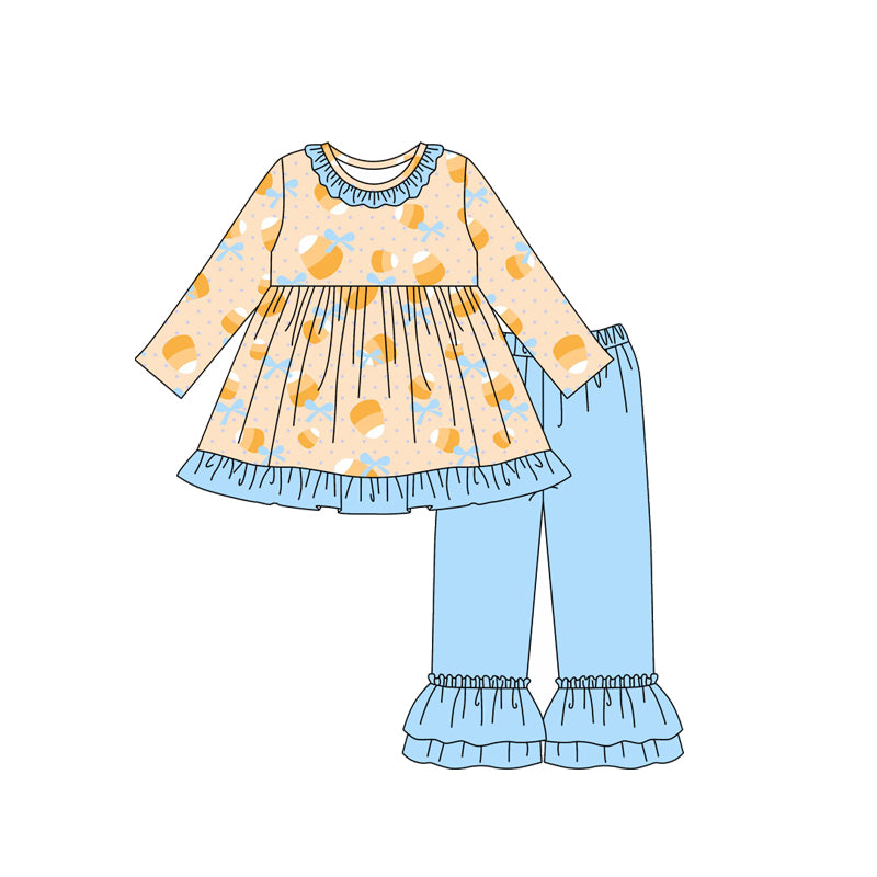 (Pre-order)GLP2620 Candy Bows Tunic Top Blue Ruffle Pants Girls Halloween Clothes Set