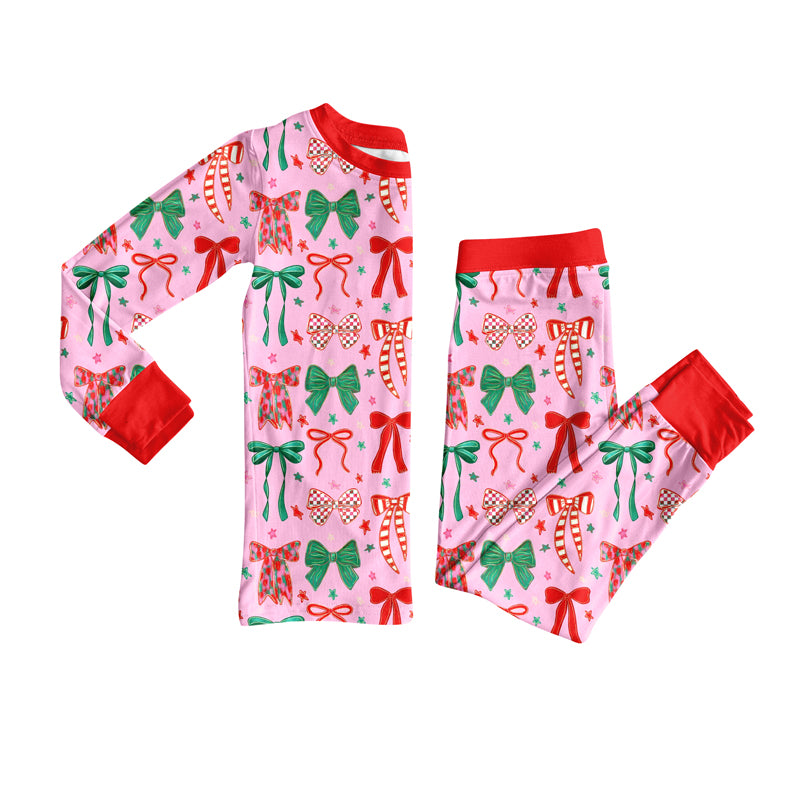 (Pre-order)GLP2624 Bows Print Girls Christmas Pajamas Clothes Set