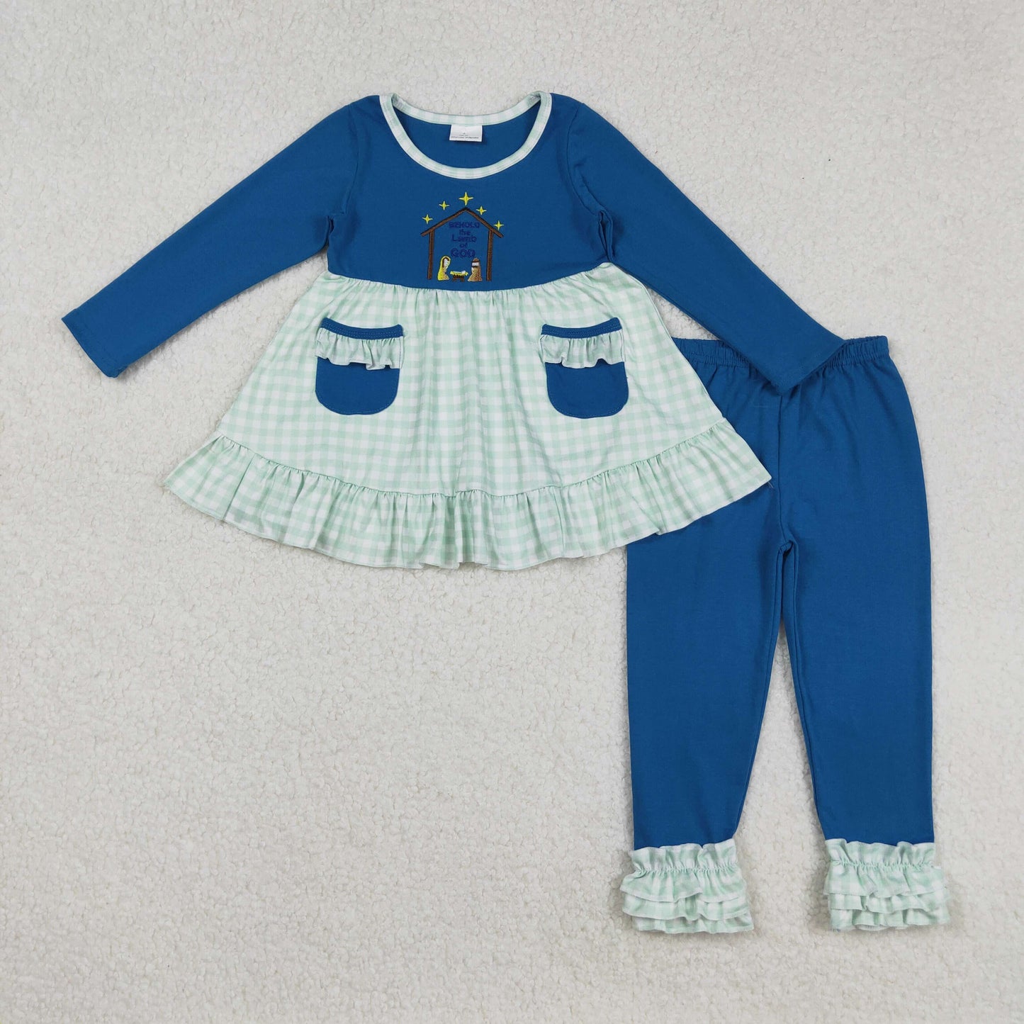 Nativity Embroidery Plaid Print Girls Christmas Clothes Sisters Matching Wear