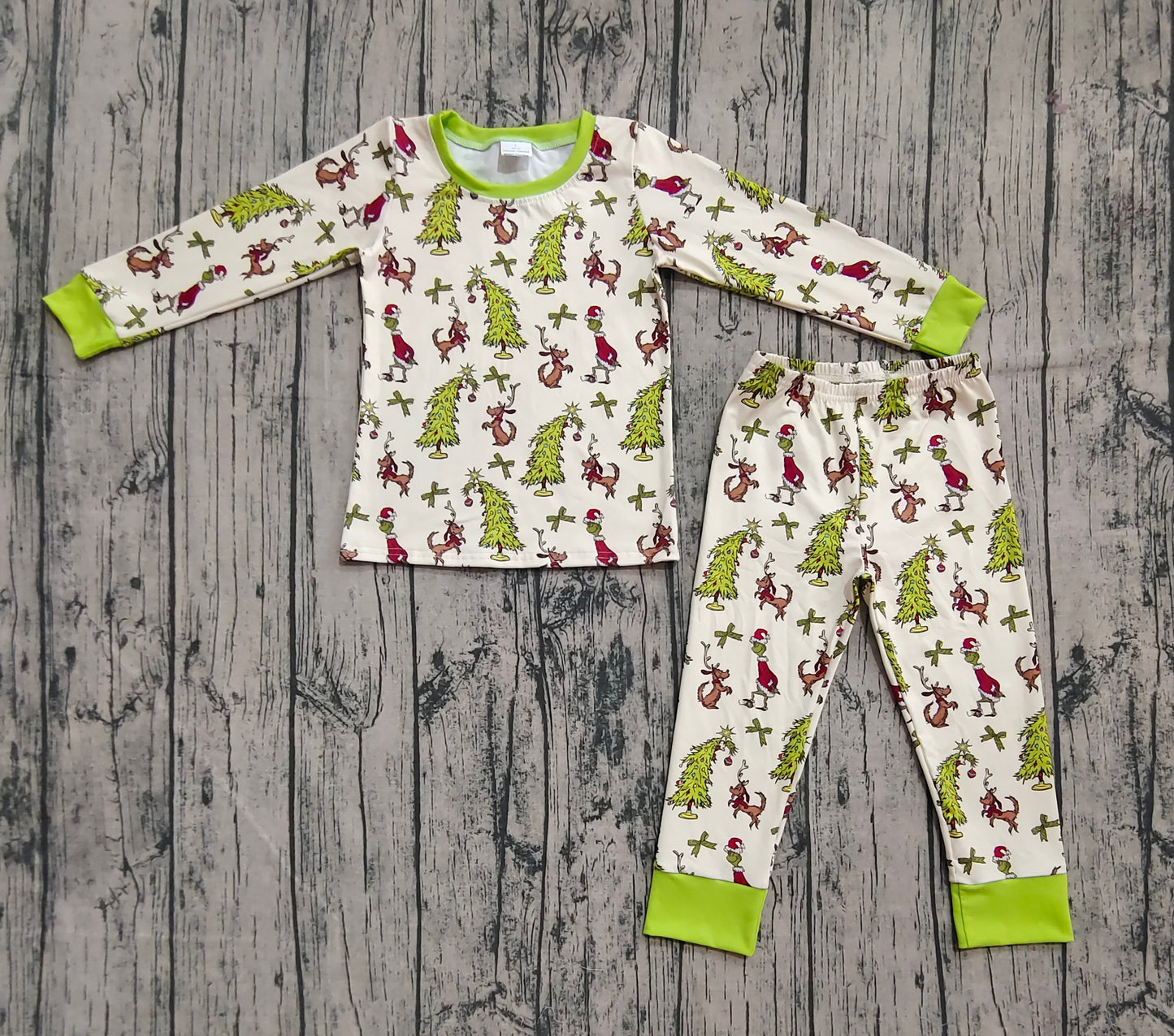 (Custom Design Preorder MOQ 20) Green Frog Tree Print Kids Christmas Bamboo Pajamas Clothes Set