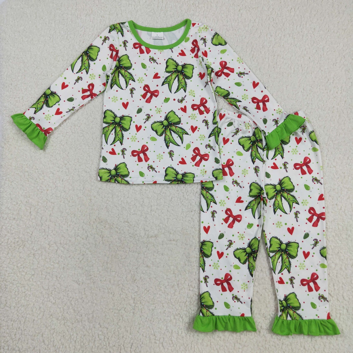 Green Bows Candy Print Girls Christmas Pajamas Matching Clothes