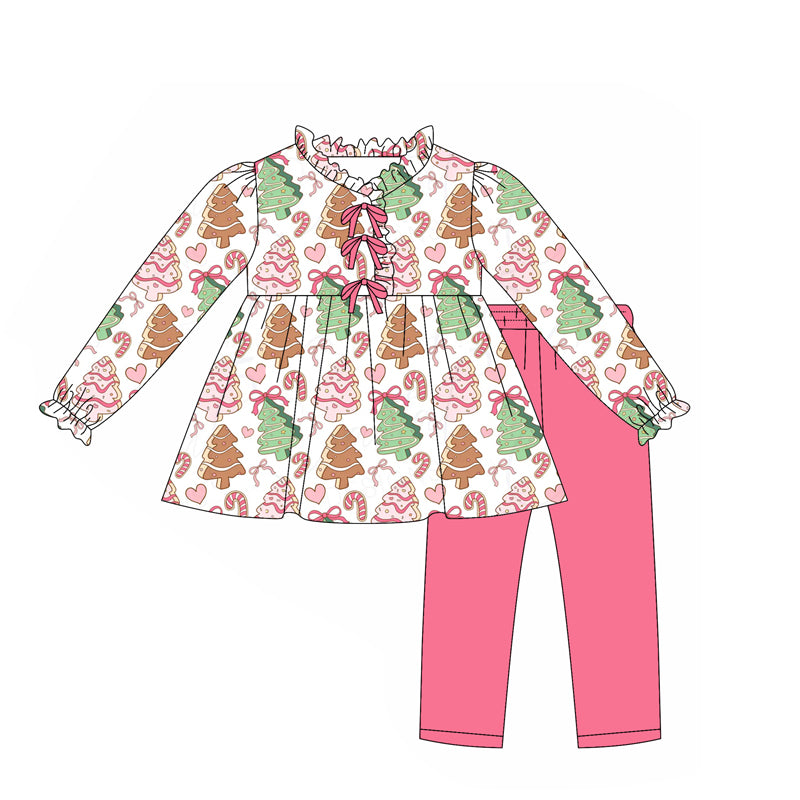 (Pre-order)GLP2629 Debbie Cake Bows Tunic Top Pink Pants Girls Christmas Clothes Set