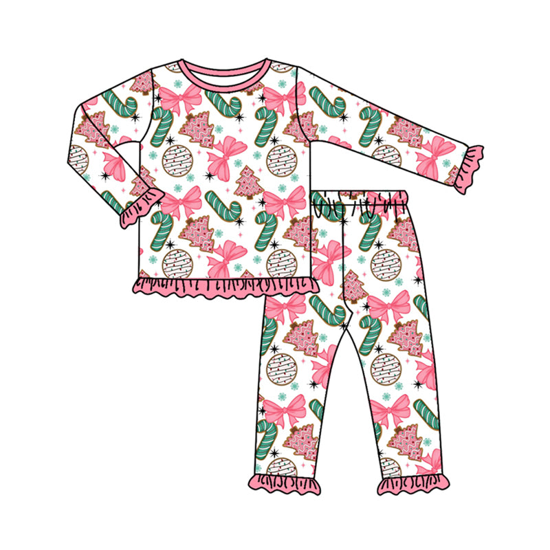(Pre-order)GLP2632 Candy Cake Bows Print Girls Christmas Pajamas Clothes Set