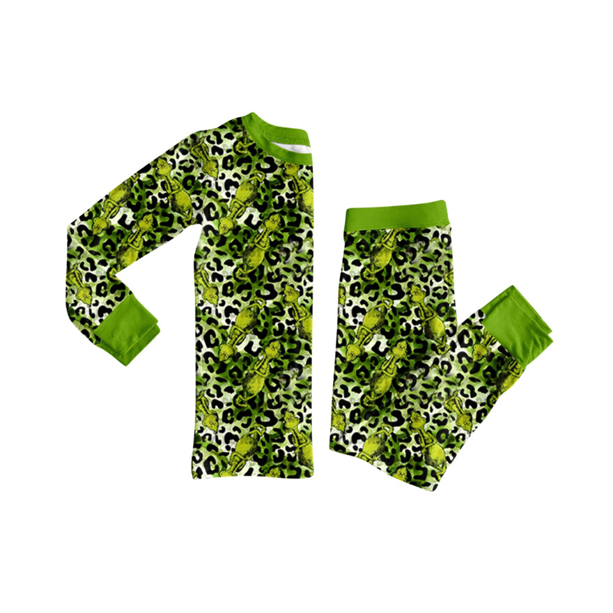 (Pre-order)GLP2634 Green Frog Leopard Print Girls Christmas Pajamas Clothes Set