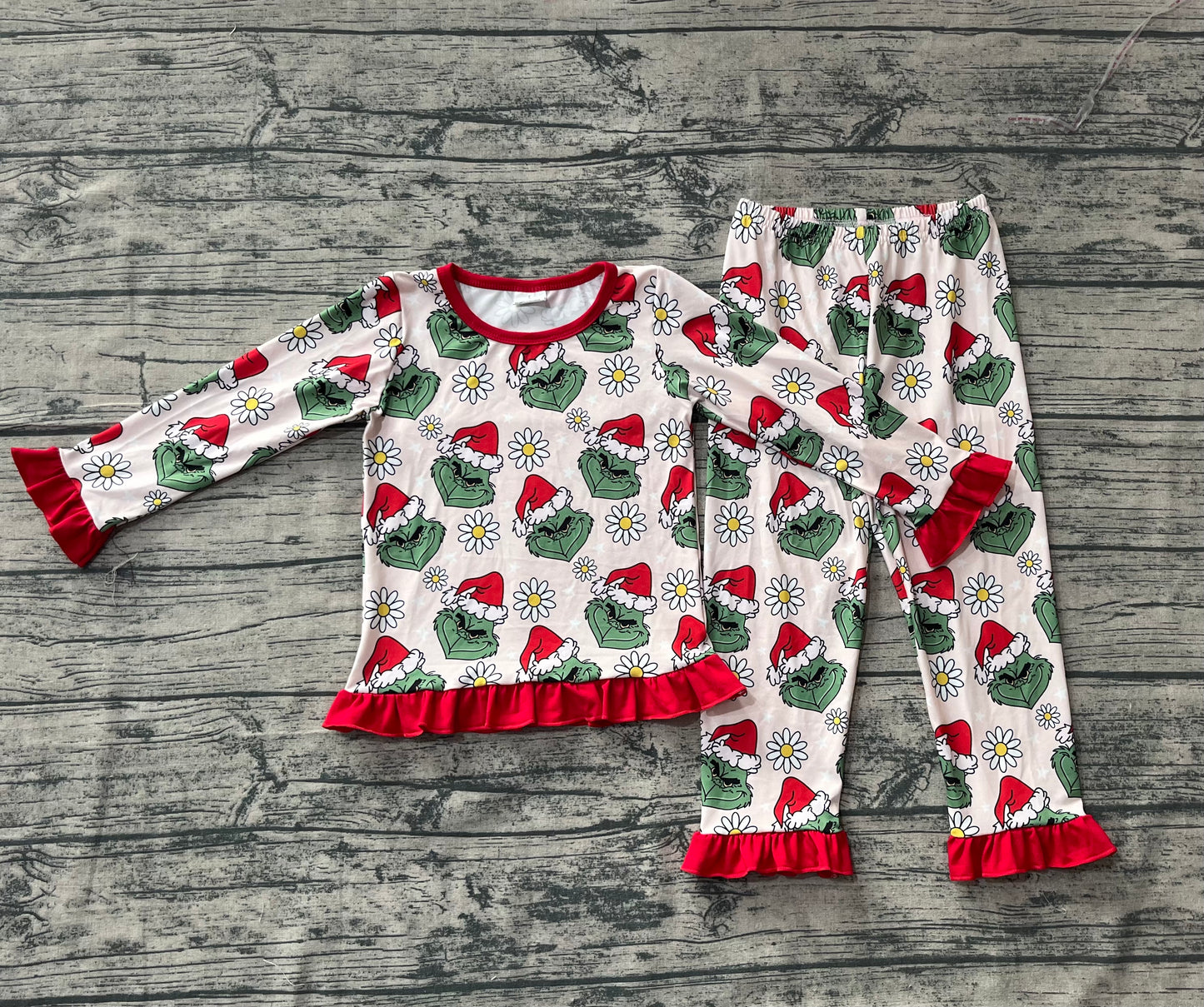 (Custom Design Preorder MOQ 20) Green Frog Flowers Print Girls Christmas Bamboo Pajamas Clothes Set