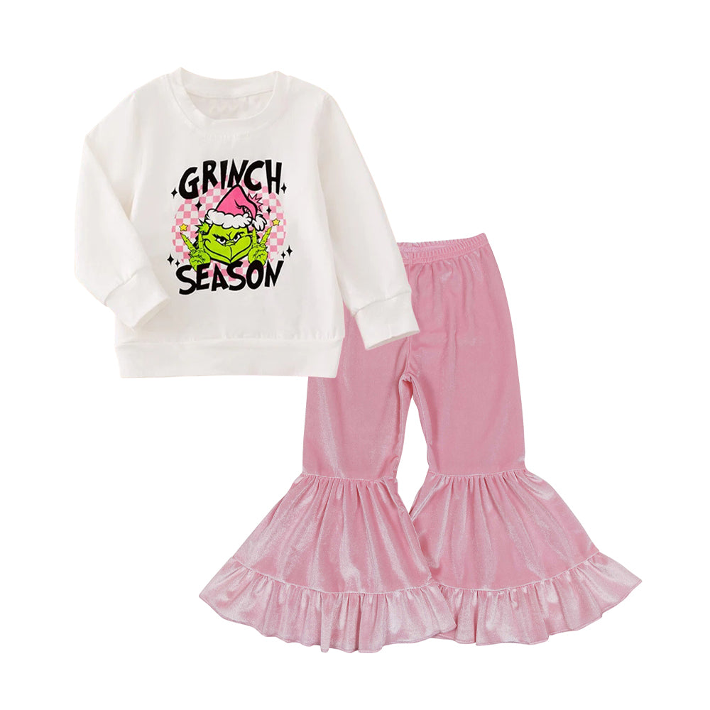 (Pre-order)GLP2636 Green Frog Season Top Pink Velvet Bell Pants Girls Christmas Clothes Set