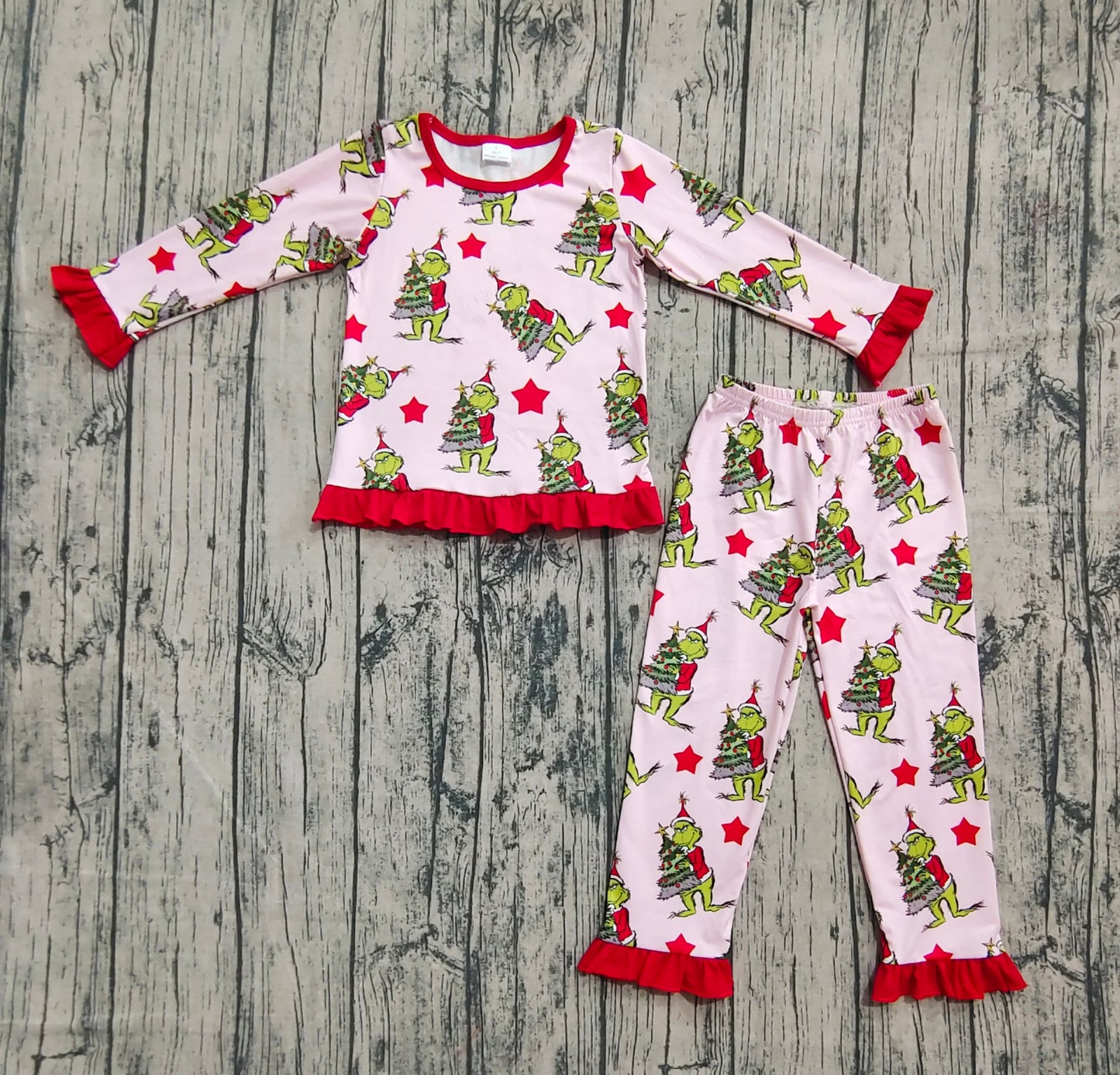 (Custom Design Preorder MOQ 20) Green Frog Pink Print Girls Christmas Bamboo Pajamas Clothes Set