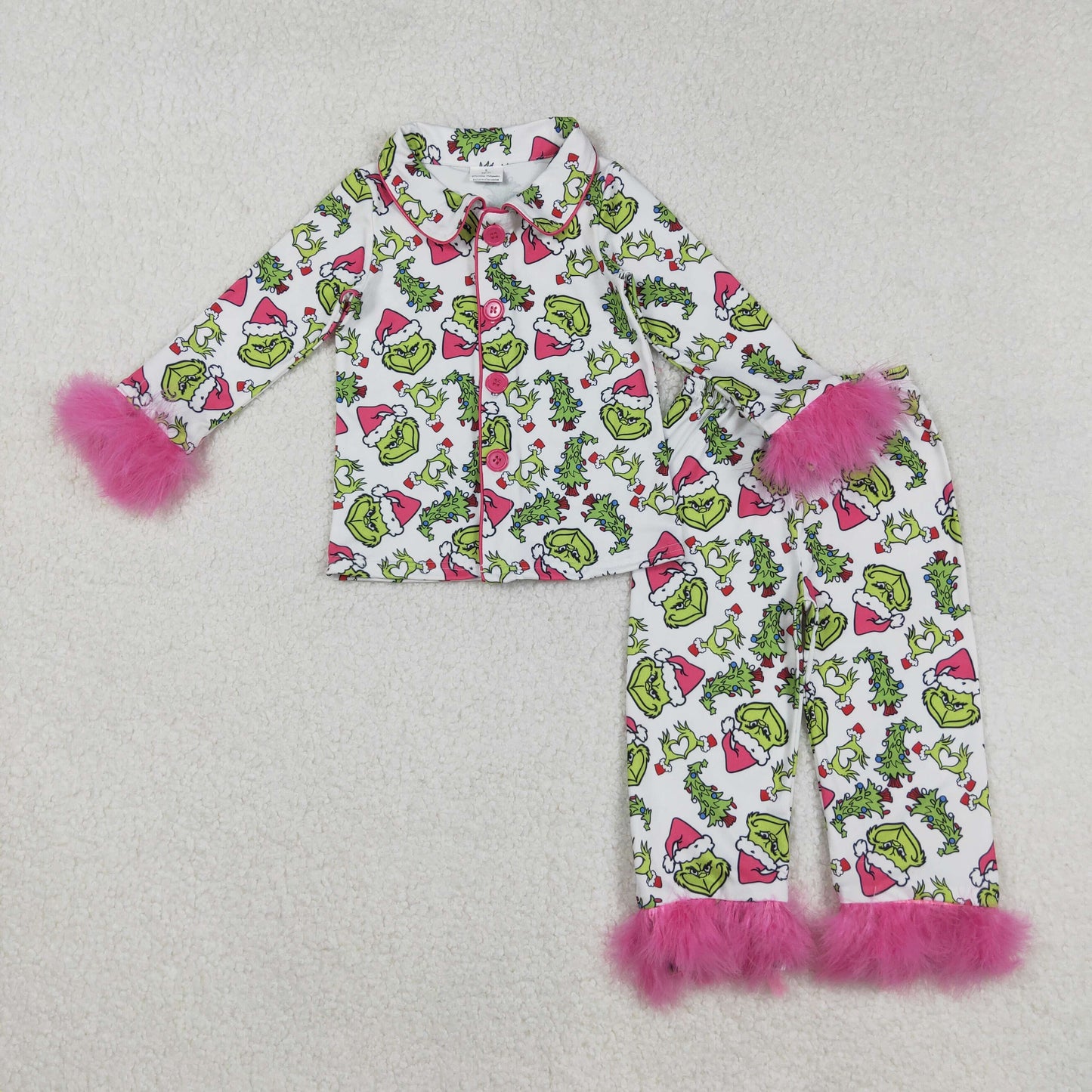 Green Frog Pink Print Mom and Me Christmas Buttons Pajamas Matching Clothes Set