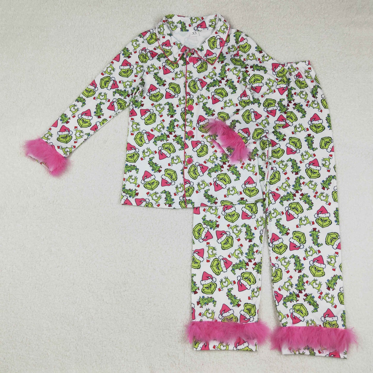 GLP2648 Adult Green Frog Pink Print Woman Christmas Buttons Fur Pajamas Clothes Set