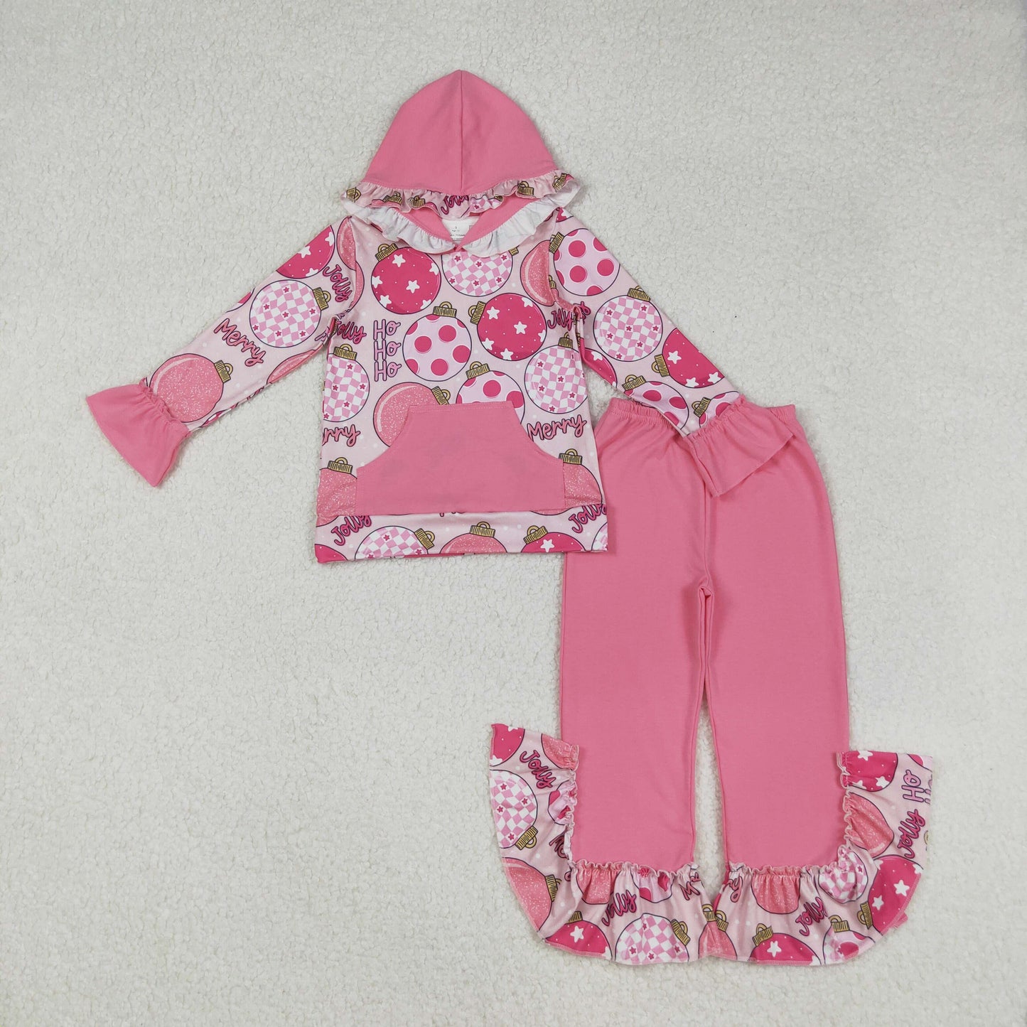GLP2650 Jolly Merry HOHOHO Lights Hoodie Top Pink Pants Girls Christmas Clothes Set
