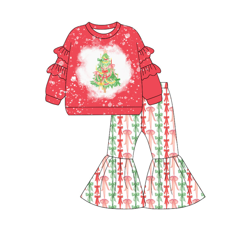 (Pre-order)GLP2652 Green Red Bows Top Bell Pants Girls Christmas Clothes Set