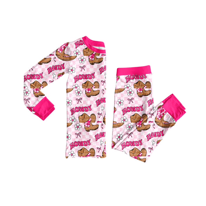 (Pre-order)GLP2664 Howdy Boots Hat Plaid Print Girls Fall Pajamas Clothes Set